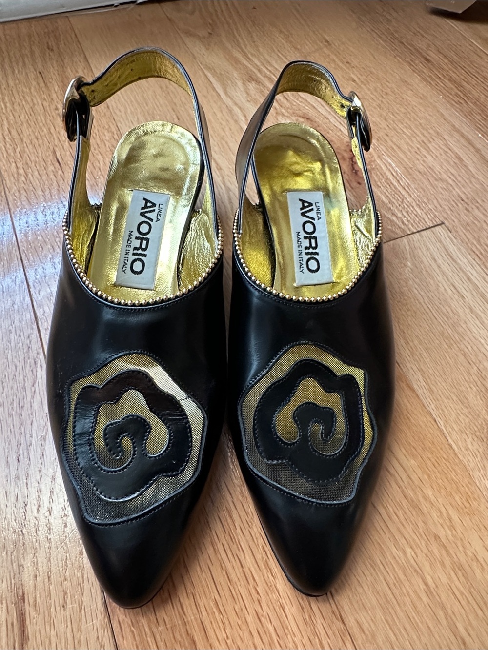 Black and Gold Pointed Slingback Heels